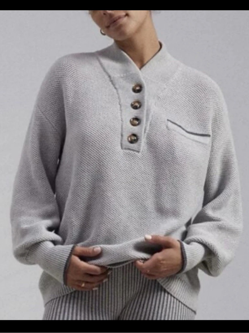 lunya Light Gray Organic Cotton Blend Button-Neck Knit Sweater
